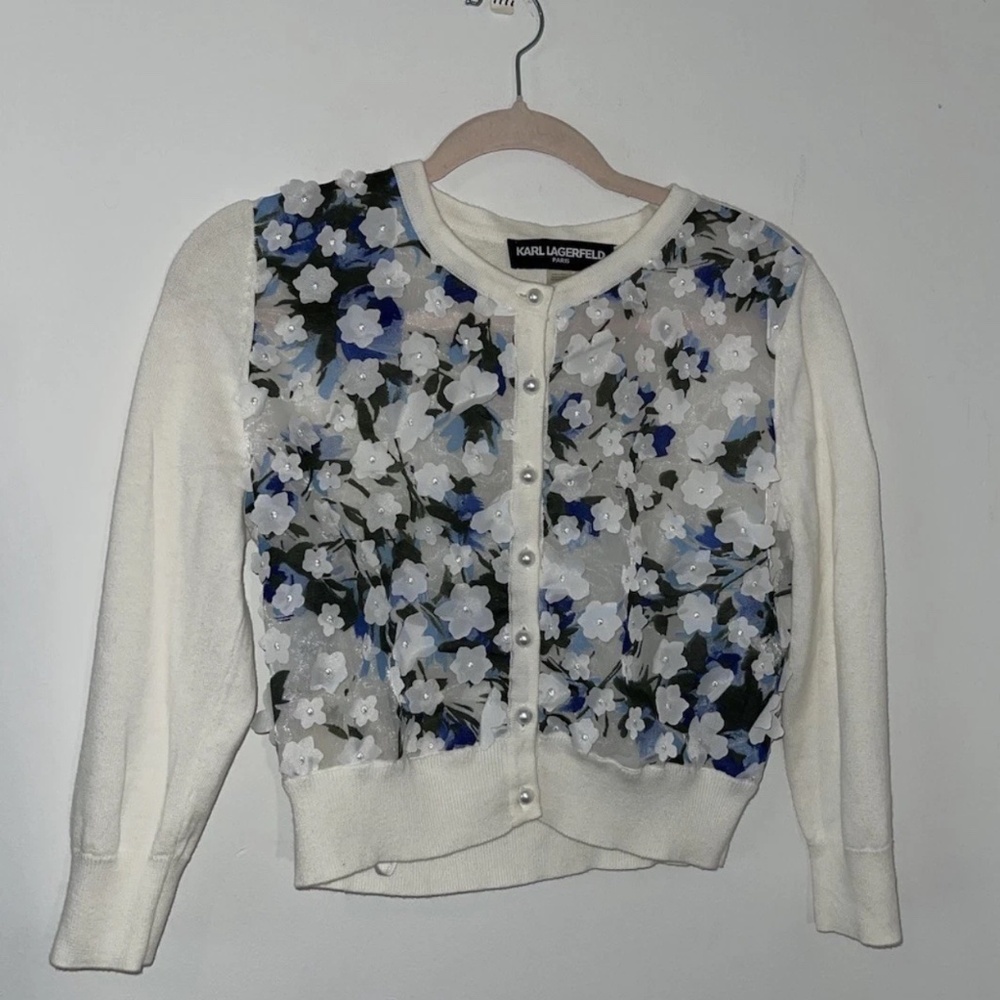 Karl Lagerfeld Women’s White Blue Floral Cardigan S Preppy Designer Spring Fairy